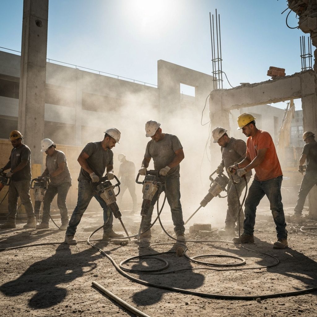 Workers using jackhammer for demolition